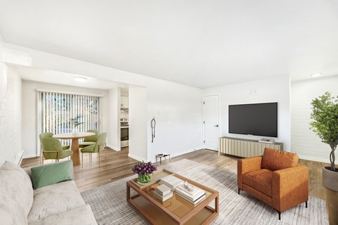 a living room with a couch and a table and a television